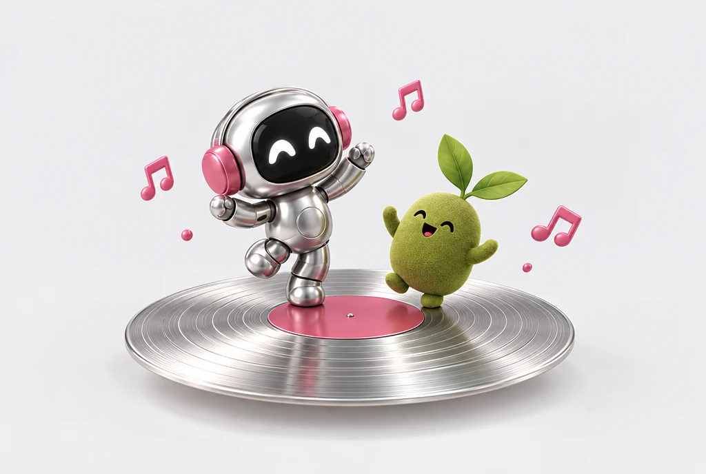 Amp, a silver robot in rose headphones, and Sprout, a green two-leaf character, dancing on a record.